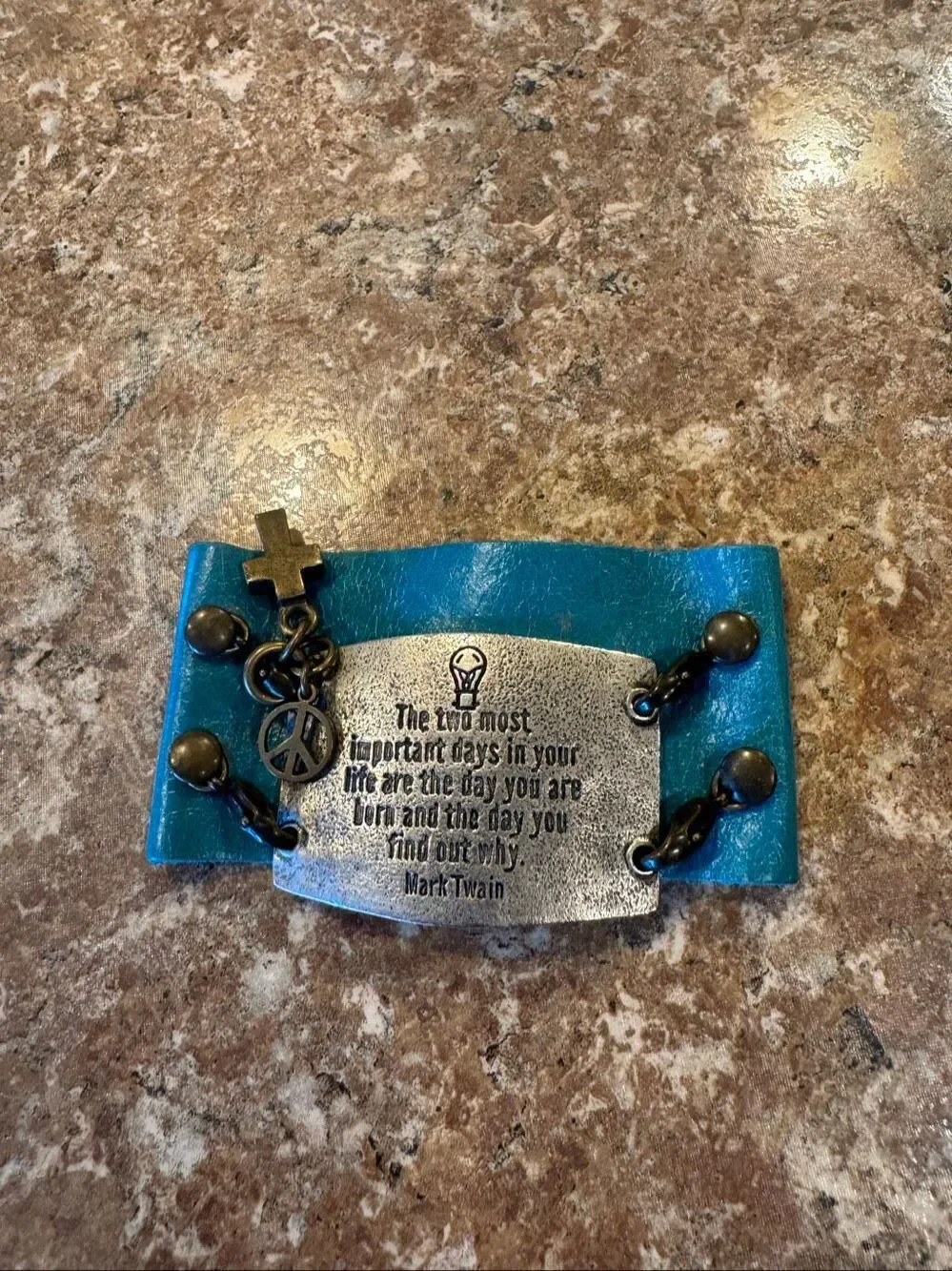Turquoise Leather Cuff Bracelet Mark Twain Quote Peace Cross Charm Adjustable